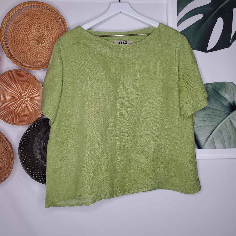 FLAX Green Linen Boxy Top Lagenlook Minimalism Boho Coastal Grandma